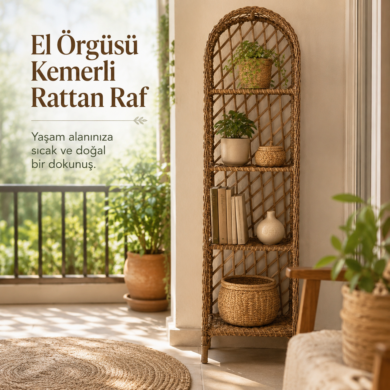 El Örgüsü Kemerli Rattan Raf