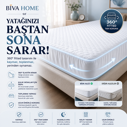BİVA Yumuşak Kapitoneli Bambu Pamuk Lüks Yatak Koruyucu Sıvı Geçirmez Çift Kişilik Alez