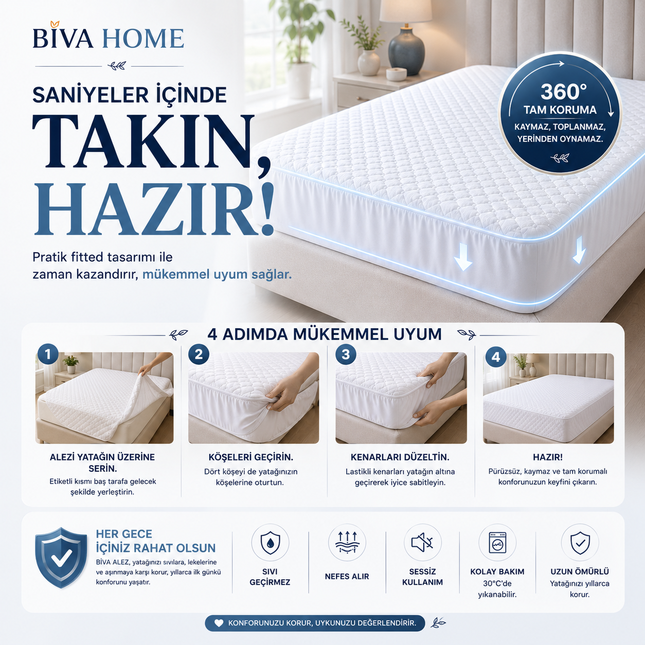 BİVA Yumuşak Kapitoneli Bambu Pamuk Lüks Yatak Koruyucu Sıvı Geçirmez Çift Kişilik Alez