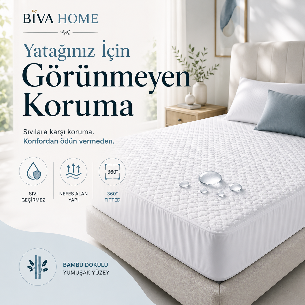 BİVA Yumuşak Kapitoneli Bambu Pamuk Lüks Yatak Koruyucu Sıvı Geçirmez Çift Kişilik Alez