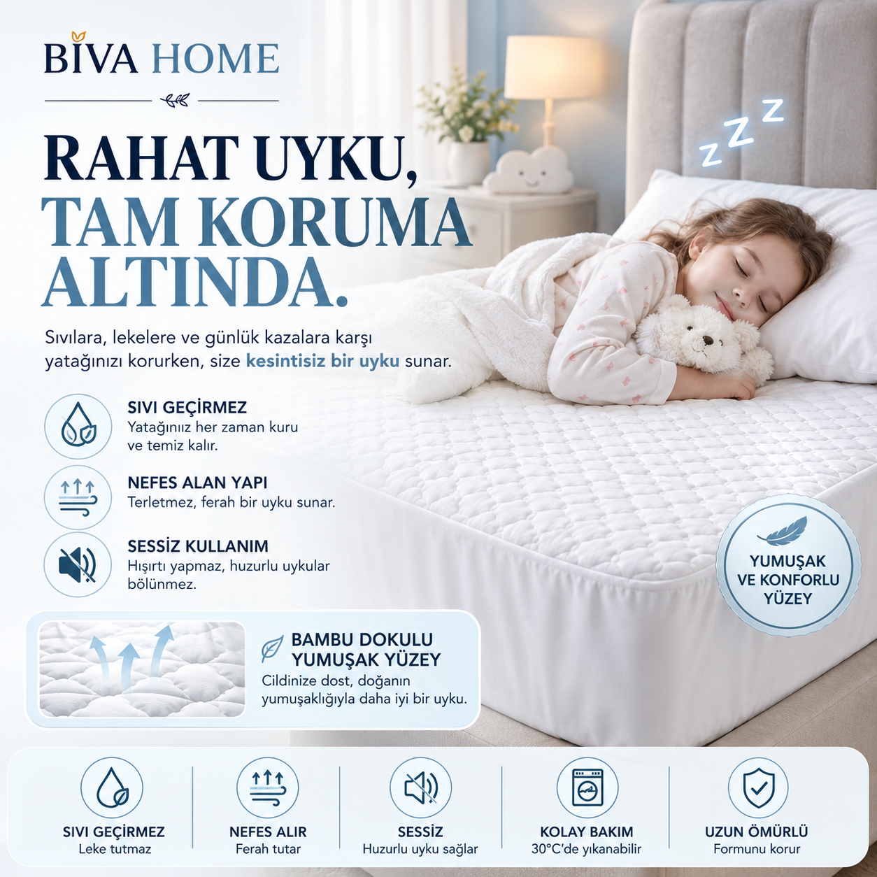 BİVA Yumuşak Kapitoneli Bambu Pamuk Lüks Yatak Koruyucu Sıvı Geçirmez Çift Kişilik Alez