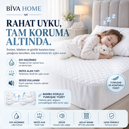 BİVA Yumuşak Kapitoneli Bambu Pamuk Lüks Yatak Koruyucu Sıvı Geçirmez Çift Kişilik Alez