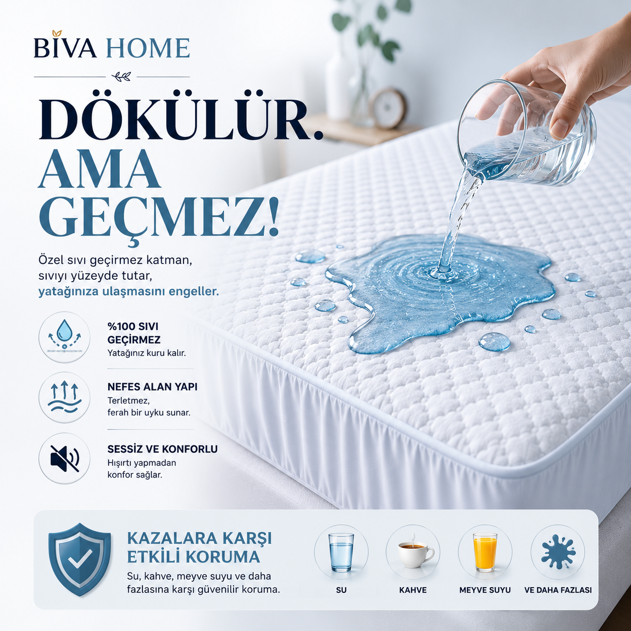 BİVA Yumuşak Kapitoneli Bambu Pamuk Lüks Yatak Koruyucu Sıvı Geçirmez Çift Kişilik Alez
