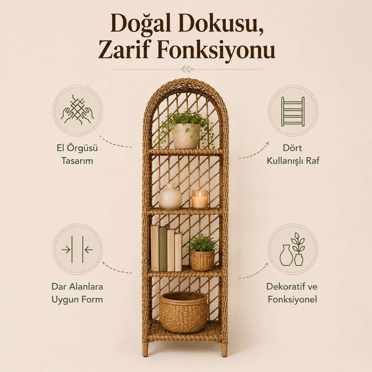 El Örgüsü Kemerli Rattan Raf
